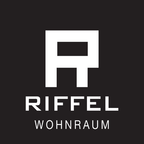 Logo mit stilisiertem "R" und Text "RIFFEL WOHNRAUM" auf schwarzem Hintergrund.